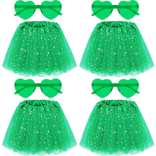 Handepo 8 Pcs Elastic Waist Tutu Skirts for Women 4 Layered Glitter Womens Tutu Tulle Skirt Heart Shaped Sunglasses for Party (Grass Green)