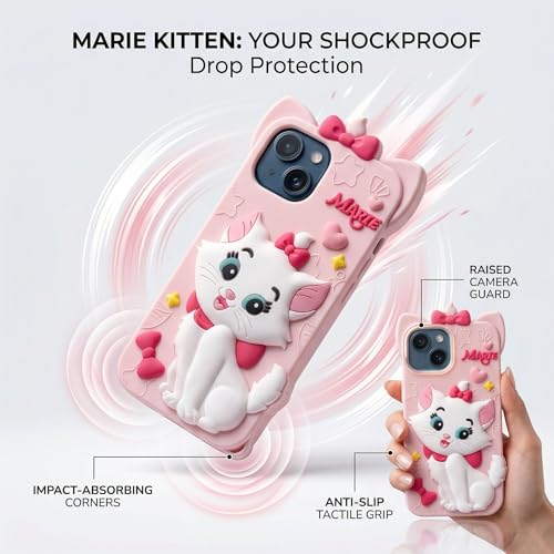 Image of amazon basics Luxury 3D Marie Cat Pink Silicone Case for iPhone 15 | Cute Cartoon Soft Back Cover | Shockproof Kawaii Designer Cover for Girls & Women