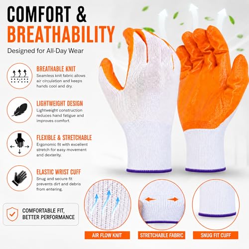 Image of Multipurpose Nylon Anti Cut PU Nitrile Coating Work Safety Gloves, Hand & Fingers, Gardening, Mechanical, Construction, Agriculture & Automotive - Durable & Comfortable (ORNAGEWHITE-5PAIR)