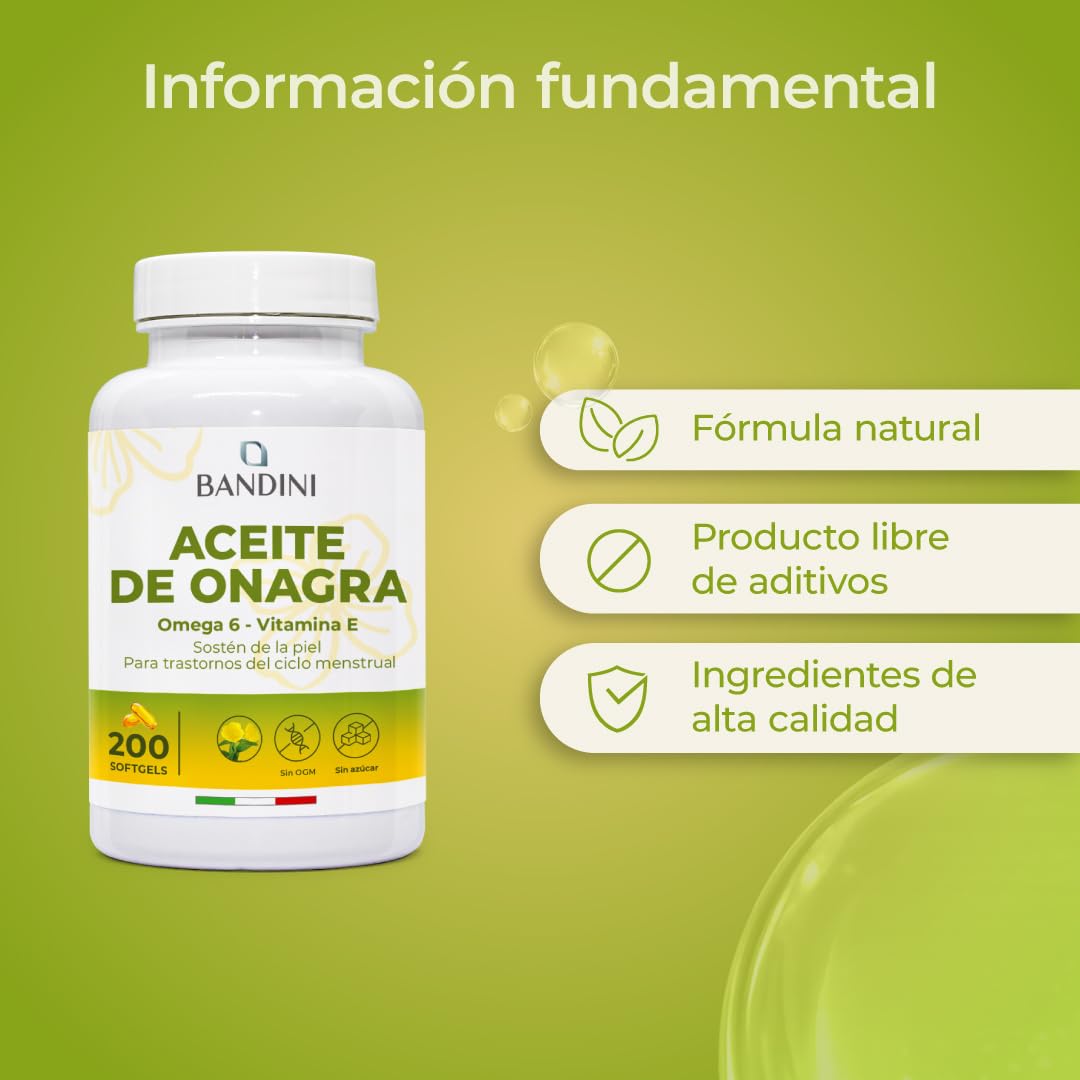 Bandini® Aceite de Onagra 2000 mg - Síntomas menstruales, mantenimiento de piel y huesos - 200 cápsulas blandas - 10% GLA, prensado en frío, con vitamina E - Antioxidante y para la menopausia