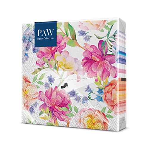 PAW - Serviette Papier 3 Plis (33 x 33 cm) I Lot de 20 I Serviette de Table Papier Idéal pour les Journées Portes Ouvertes, les Garden Parties, les Fêtes de Famille (Orchid with Peony)