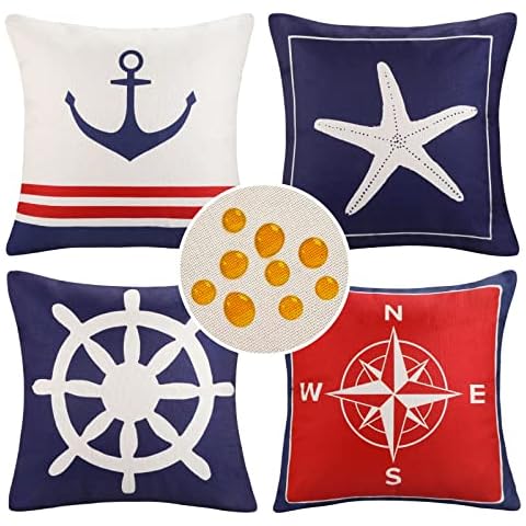 HomeStilez 4 Pack Fundas de Cojines Vela Náutica Ancla Navegación Velero Decorativas Cover
