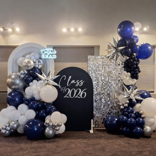 Image of Blue Silver Balloon Garland Arch Kit, Navy Blue White Balloon Arch Kit, Metallic Silver Confetti Balloons Star Foil Balloons for Graduation Father's Day Dad Birthday Wedding Baby Shower Party Decor
