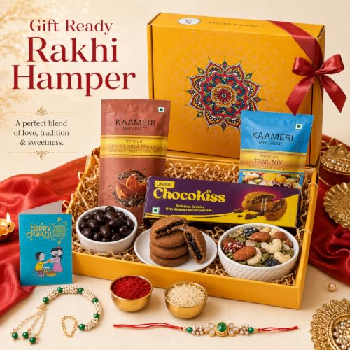 Image of Kaameri Bazaar Premium Rakhi Gift Combo for Brother & Bhabhi with Rakhi, Lumba Bracelet, ChocoKiss Cookies 75g, Trail Mix 35g, Choco Coated Almonds 35g, Roli Chawal, Greeting Card & Gift Box