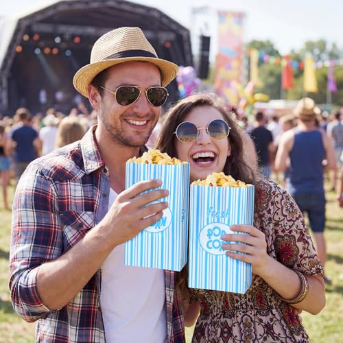 Image of Thenshop 200 Pcs Paper Popcorn Bags Flat Bottom 2 oz Disposable Film Individual Servings Oil Resistant Leak Proof Container Vintage Retro Blue and White Popcorn Sleeves Bags