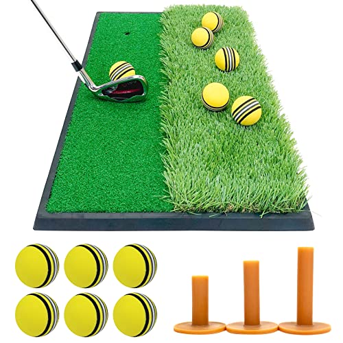 GolfStyle ゴルフマット 練習 マット 2WAY 人工芝 ラフ フェアウェイ ゴムマット土台が重いから動かない 素振り スイング 練習器具 室内 屋外 33×62cm ゴルフティー ゴルフボール Eセット (イエロー)