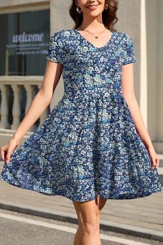 Image of nclook Womens Summer Casual Dress Sweet Cute V Neck Mini Dress with Pocket Short Sleeve