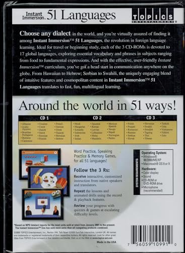 Instant Immersion 51 Languages - 3 CD-ROMs. Alabian, Arabic (Egyptian), Brazilian Portuguese, Burmese, Cantonese, Croatian, Czech, Danish, Dutch, Estonian, Finnish, French, German, Greek, Gujarati, Hawaiian, Hebrew, Hindi, Hungarian, Icelandic, Indonesian, Irish, Italian, Japanese, Korean, Latvian, Lithuanian, Malay, Mandarin, Mexican Spanish, Navajo, Nepali, Norwegian, Pashto, Polish, Punjabi, Romanian, Russian, Serbian, Slovak, Slovenian, Swahili, Swedish,Tagalog, Thai, Tibetan, Turkish, Urdu, Vietnamese, Yiddish, and Zulu