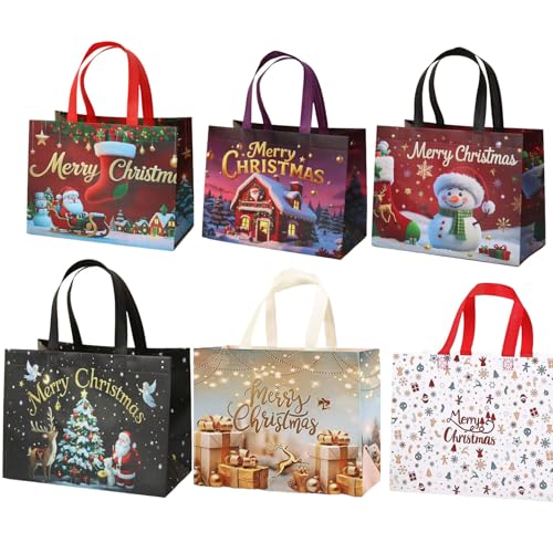 6 Stück Geschenktüten Weihnachten Groß, Non Woven Weihnachtstaschen Weihnachtstüten mit Griffen, Wiederverwendbare Weihnachtsgeschenktüten, Weihnachts Geschenktüten, 32.5 x 25 x 17 cm