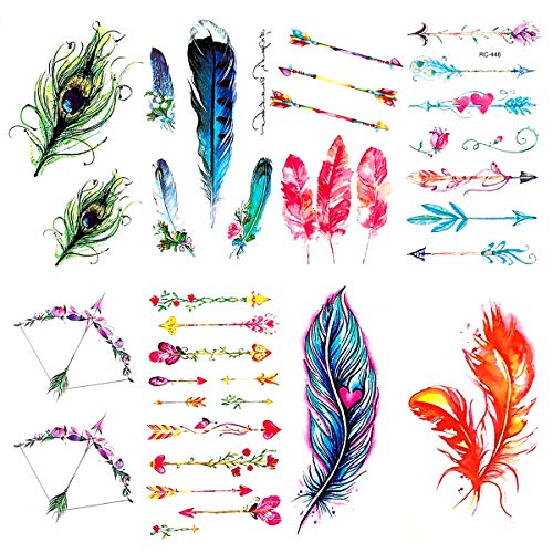Oottati 8 Pieces Small Cute Wrist Women Peacock Green Blue Pink Red Feather Rainbow Arrow Temporary Tattoo