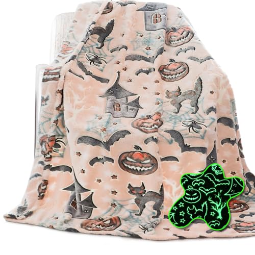 UOFON Halloween Pumpkin Blanket Kids Glow in The Dark Blanket Black Cat Halloween Decor Gifts for Women Boys Girls 50'x60'