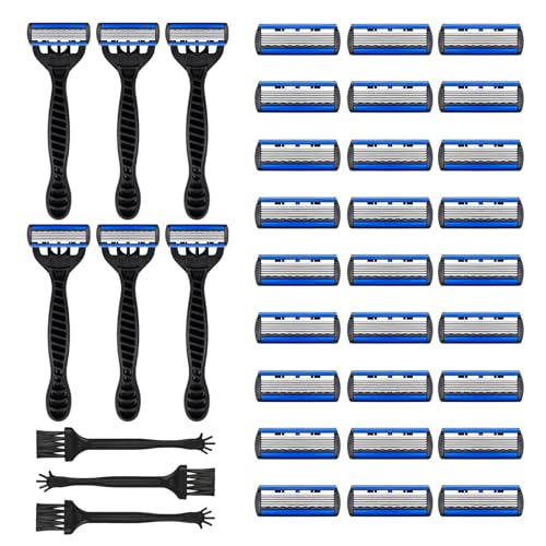 LOPHE Maquinilla de Afeitar Hombre,Pack de 6+27+3 Maquinilla de Afeitar de 6 Hojas, 6 Mango de Cuchillo Antideslizante de TPE+27 Recambios de Cuchillas+3 Cepillos de Limpieza, Afeitado Manual Duradero