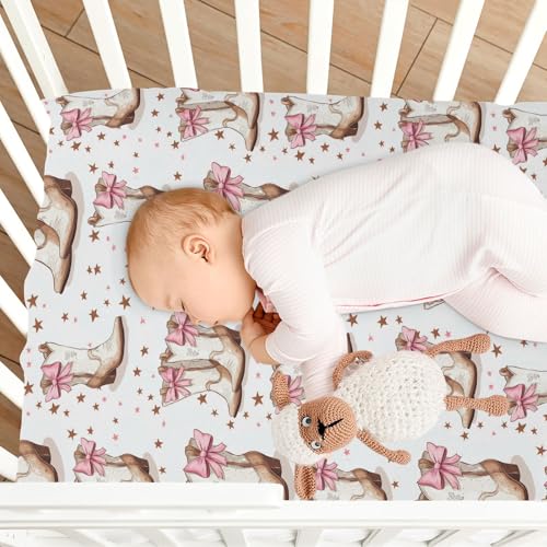 Image of Caikeny Fitted Crib Sheet for Boys Girls Cowgirl Boots Bows Baby Crib Sheets Bassinet Sheets Crib Mattress Bed Sheets for Toddler Newborn Infant 27 x 39 in