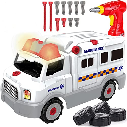 Take Apart Toy Set, Build Your Own Vehicle with Drill, Sounds & Lights, Buildable STEM Learning Construction Kit for Toddlers, Kids, Boys (Ambulance)