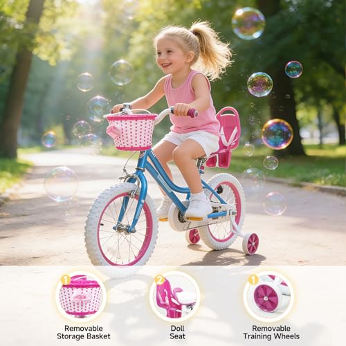 Image of WinHope Girls Bike, 12-18 Inch Children's Bicycle for 2-9 Years Old, Beginner Kids Bike with Training Wheels, Doll Seat & Basket,Streamers for Outdoor Riding, Multiple Colors