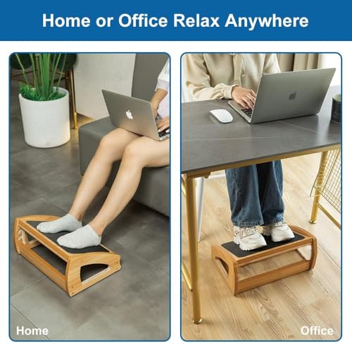 Image of StrongTek Ergonomic Under Desk Footrest, 3 Adjustable Heights Wooden Office Footrest, Large Anti-Slip Surface, Improves Posture and Blood Circulation, up to 400lbs (Black)