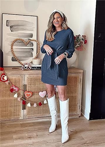 Image of PRETTYGARDEN Womens Spring Elegant Long Lantern Sleeve Short Dress Wedding Guest Crewneck Tie Waist Knit Cocktail Dresses