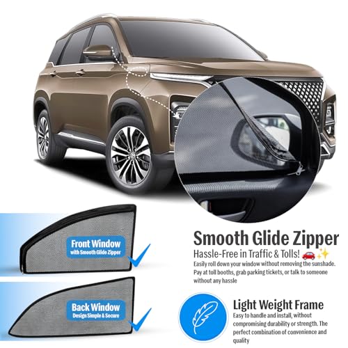 Image of Autofact Magnetic Car Sunshades Compatible with MG Hector (Set of 4) - Easy Installation, UV Protection, Keeps Car Cool (Front 2 with Zippers for Easy Access, Rear 2 Without Zippers)