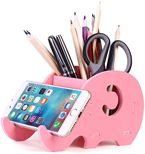 Soporte de teléfono celular, COOLBROS Porta-lápiz de elefante de madera con teléfono Organizador de escritorio de titular