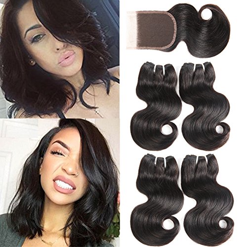 Brazilian Virgin Hair Body Wave Bundles with Closure 8 inch Human Hair 4 Bundles with Free Part Lace Closure Bleached Knots Short Human Hair 50g/pc,5pcs/lot Full Head Natural Color