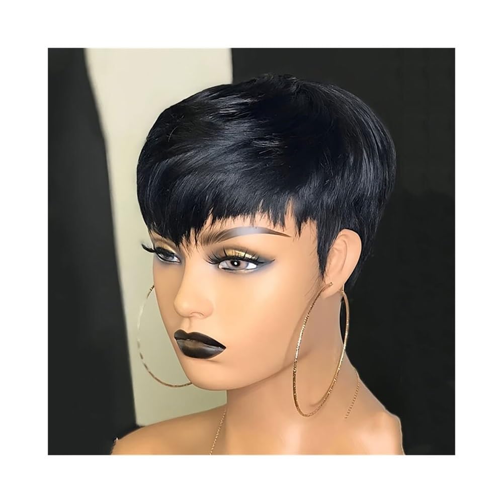 Haaraufsätze Peluca Corta marrón, Pelucas de Cabello Humano Color Chocolate, Cortas Corte Pixie con Flequillo(Negro)