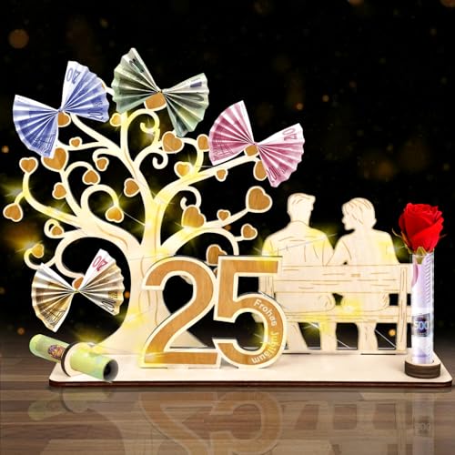 Holz Silberhochzeit Hochzeit Geschenke,25 Jahre Silberhochzeit Hochzeit Deko Geldgeschenk,25 Frohes Jubiläum mit Herzbaum & LED Lichterkette,Geschenkidee zum 25. Hochzeitstag für Frau Mann Paare