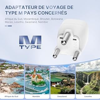 【2 Pièces】 Adaptateur de Voyage France vers Afrique du Sud, 2 Broches Europe vers 3 Broches Type M, Adaptateur de Prise pour Mozambique, Bhoutan, Namibie, Botswana