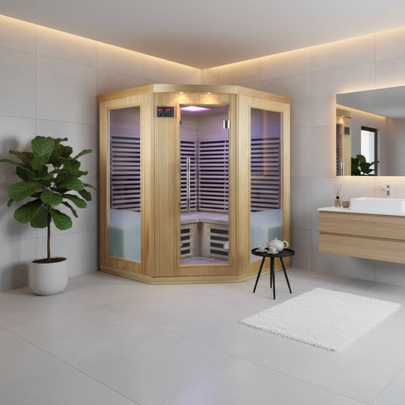 SNÖ Sauna Infrarouge d'angle 4 Places 2200W | Bois Hemlock Canadien, Panneaux Carbone, Chromothérapie, Bluetooth | 9 Émetteurs, Porte et Fenêtres en Verre Sécurisé, Ionisateur d'Oxygène