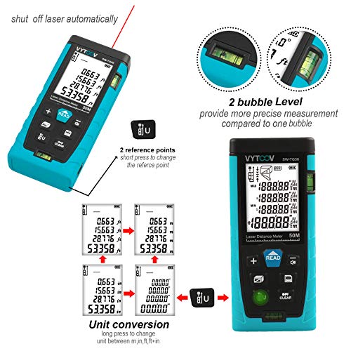 Laser Measure 164Ft M/In/Ft Mute Laser Distance Meter with 2 Bubble Levels, Backlit LCD and Pythagorean Mode, Measure Distance, Area and Volume - Carry Pouch and Battery - Thumbnail 3