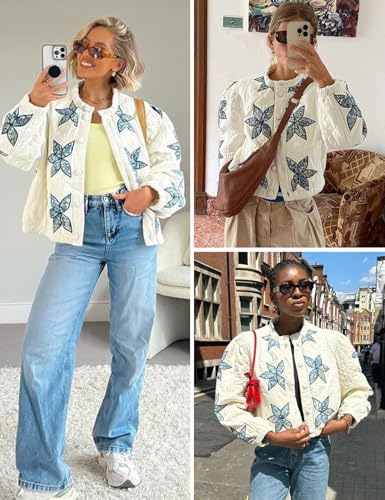 Wyeysyt Women's Floral Embroidered Cropped Quilted Jacket Lightweight Button Down Bomber Jacket Puffer Coat with Pockets4