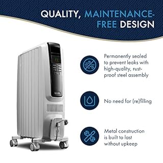 De'Longhi Oil-Filled Radiator Space Heater, Quiet 1500W, Adjustable Thermostat, 3 Heat Settings, Timer, Energy Saving, Safety Features, White, Dragon TRD40615ECA