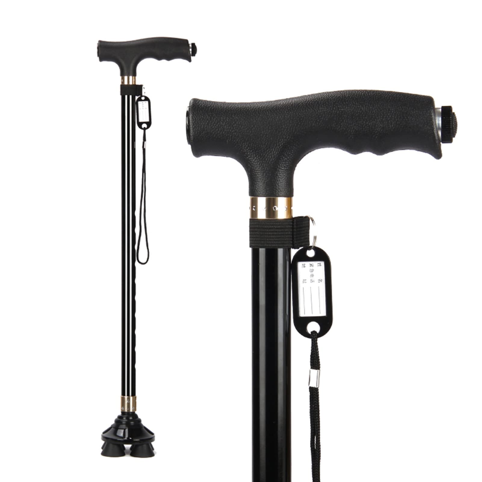 Bastón cuadripode para Hombres y Mujeres, bastón retráctil para Personas Mayores, Bastón de Aluminio liviano con luz LED y Correa para la muñeca, Mango ergonómico (Color : Black)