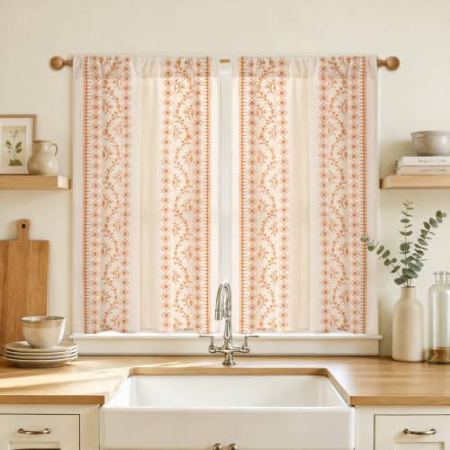 Image of Yinhua Boho Kitchen Curtains 36 Inch Length Orange Embroidered Floral Cafe Curtains, Light Filtering Farmhouse Kitchen Window Curtain Rod Pocket Short Tier Curtains for Windows, 26 inch W x 36 inch L