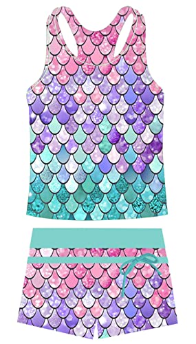 Unifaco Girls Swimsuit Size 8 Mermaid Two Piece Bathing Suit Kids Tankini Set Purple Pink Swimwear Racerback Tank Top Beachwear For Swim Lession #TOP13
