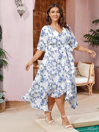 Image of SCOMCHIC Women Plus Size Maxi Dress Short Sleeve Wrap V Neck High Low Split Ruffle Long Dress