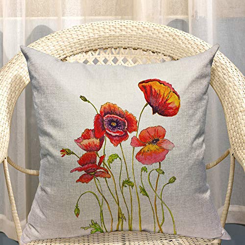 Mugod Poppies Pillow Cover Watercolor Poppy Flower Floral Stem Nature Orange Red Green Decorative Throw Pillow Cases Cotton Linen Indoor Square Cushion Covers 18X18 Inch For Home Sofa Couch #TOP3