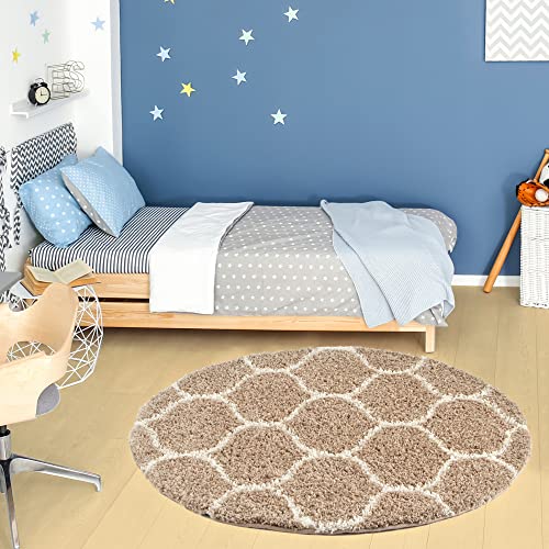 THE RUGS Shaggy Rug, Modern Moroccan Design Rugs for Living Room Bedroom, Hallway, 3 cm Thick Area Rugs, (Trellis Beige/Ivory - Image 2