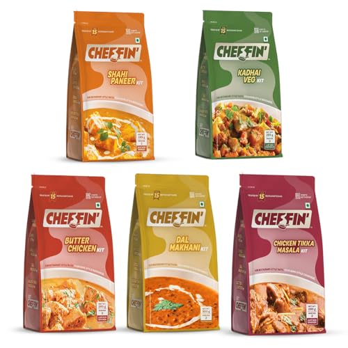 Image of Cheffin' Ready to Cook Curry Kit Combo Pack of 5 | Butter Chicken, Tikka, Shahi Paneer, Dal Makhani, Kadhai Veg | Just Add Paneer /Chicken /Veg | Cooks in 10 Mins | Serves 2-3 Each