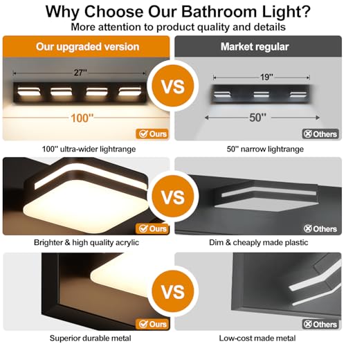 Image of Torondo 360 Rotate LED Bathroom Vanity Light Fixtures, Acrylic Vanity Lights for Bathroom, Modern Wall Lighting Fixtures Over Mirror Living, Matte Black, Warm White, 4-Light, 27-Inch