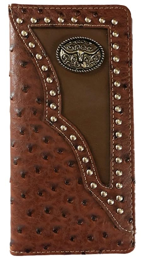 Texas Long Horn Mens Wallet Western Bifold Check Book Style W011-14 Ostrich Brown