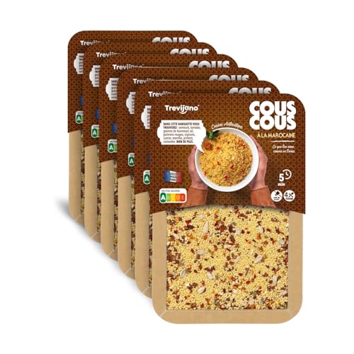 Marokkanischer Couscous Trevijano: 6 Schalen à 300 g. Ohne Zusatzstoffel: Couscous, getrocknete Tomaten, Sonnenblumenkerne, Knoblauch, rote Paprika, Zwiebel, Kreuzkümmel, Minze, Chili, Koriander.