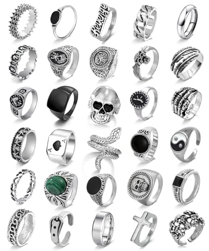 EIELO Vintage Silver Punk Rings Set for Men Cool Gothic Alt Chunky Rings Bulk Skull Snake Stackable Hippie Knuckle Bulky Rings Pack