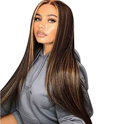 LuLu Haireate Highlight Wig for Women Long Straight Synthetic Wigs Brown Mix Blonde 28 Inch Wig for Daily Wear