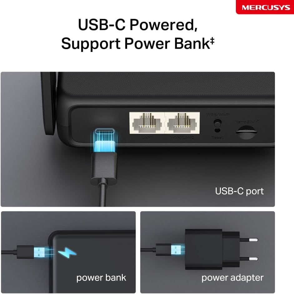 MERCUSYS MB113‑4G – Router 4G LTE Portátil, Wi‑Fi N‑300 hasta 32 Dispositivos, SIM Nano Plug & Play, USB‑C Powerbank y VPN 7