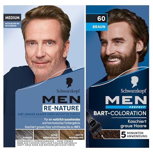 Men Perfect Coloración para barba 60 color marrón natural, nivel 2 (30 ml) para ocultar el cabello gris y Men Re-Nature de rubio medio a castaño medio (145 ml), crema de repigmentación