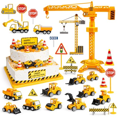 Decoración para tartas de construcción con excavadora y señales para cupcakes creativos