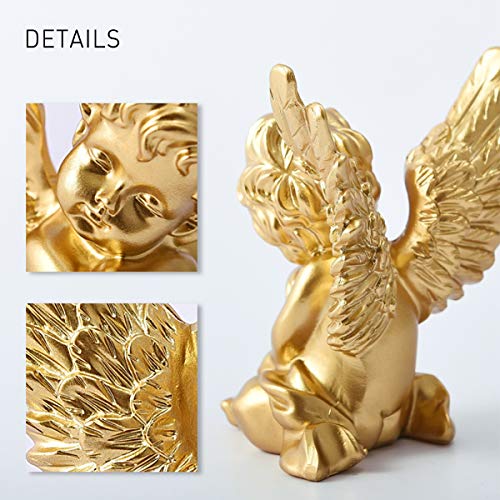 OwMell Set of 2 Cherubs Angels Resin Statue Figurine, Indoor Home Decoration, Adorable Angel Sculpture Memorial Statue 4" - Gold - Image 4