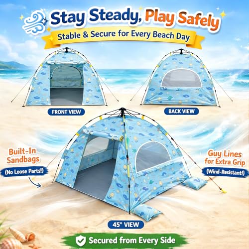 Image of Baby Beach Tent Pop Up Sun Shelter with UPF 50+ UV Protection, Silver-Coated Interior, Breathable Mesh Ventilation, Easy Setup, Wind-Stable Beach Shade for Infants & Toddlers