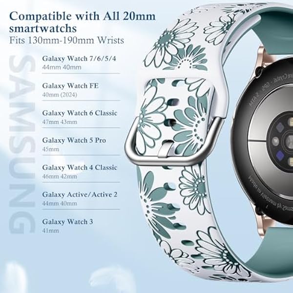 Браслет Netolo с цветочной гравировкой совместимый с Samsung Galaxy Watch 7 6 5 4 40 мм 44 мм Galaxy Watch 6 4 Classic 5 Pro 45 мм FE Active 2 20 мм Мягкий силиконовый браслет для
