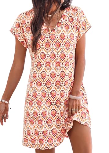 KIRUNDO Summer Dresses for Women 2026 Beach Sundress Spring Casual V Neck Boho Floral Vacation Outfits Cruise Resort Wear(Floral Apricot Red, Small)